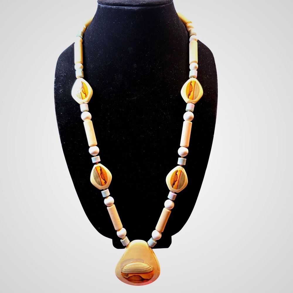 Handmade Statement Necklace Women Long Cream Good Desert Landscape Boho Beaded